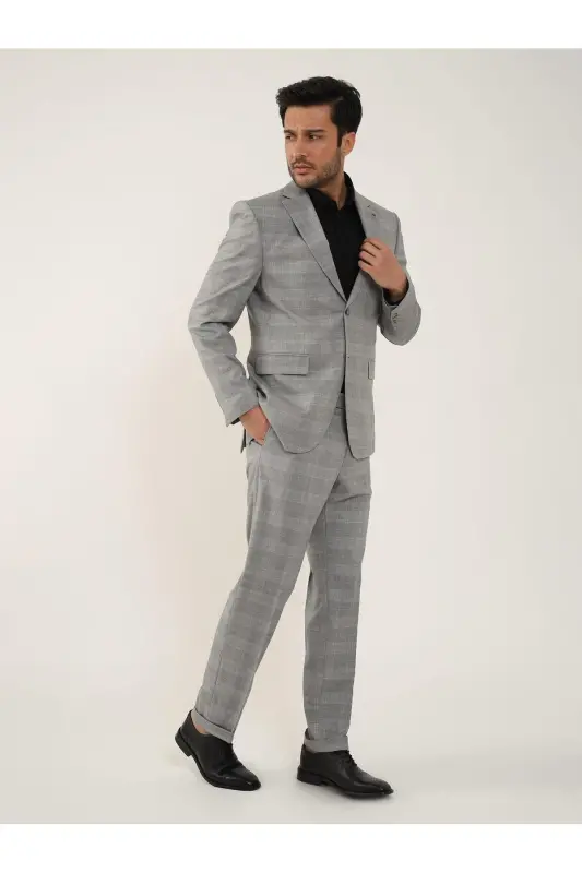 Grey Men's Slim Fit Plaid Single Breasted Suit - 95012 - 6