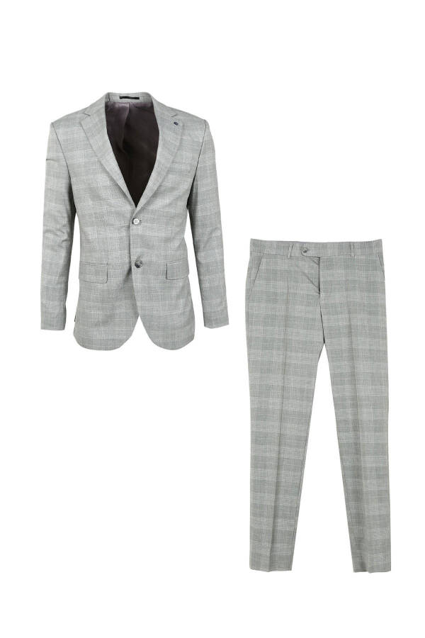 Grey Men's Slim Fit Plaid Single Breasted Suit - 95012 - 7