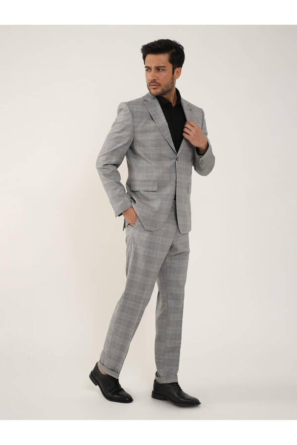 Grey Men's Slim Fit Plaid Single Breasted Suit - 95012 - 4