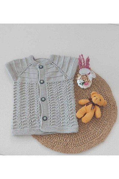 Grey Newborn Baby Hand Knit Cotton Vest, Buttoned, Birth Gift 0-12 Months - BEGİN