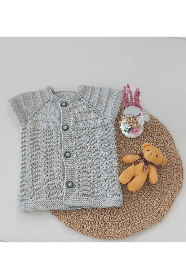 Grey Newborn Baby Hand Knit Cotton Vest, Buttoned, Birth Gift 0-12 Months - 1