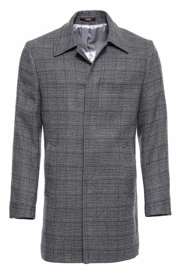Grey plaid, hidden button, pointed collar coat - Wessi - 1