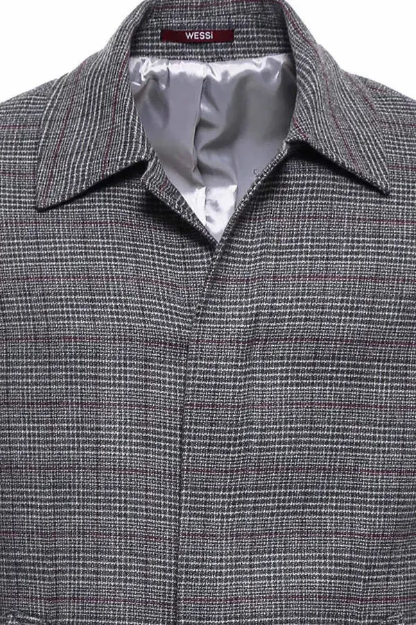 Grey plaid, hidden button, pointed collar coat - Wessi - 2
