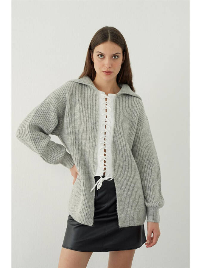 Grey Polo Neck Decollete Knit Sweater - 6