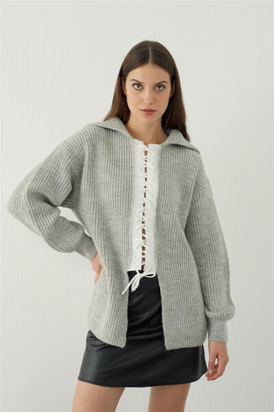 Grey Polo Neck Decollete Knit Sweater - 17