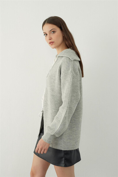 Grey Polo Neck Decollete Knit Sweater - 18