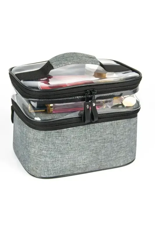 Grey Professional Two Compartment Makeup And Skincare Bag-Grey - 2