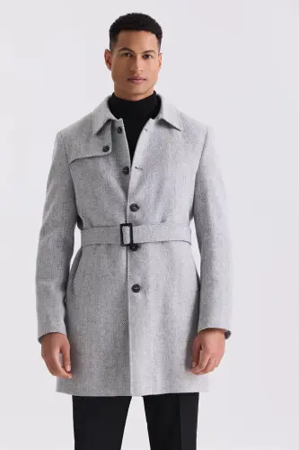 Grey Qulay moslama qushli, sel kashabali, zippingli jun palto - 1