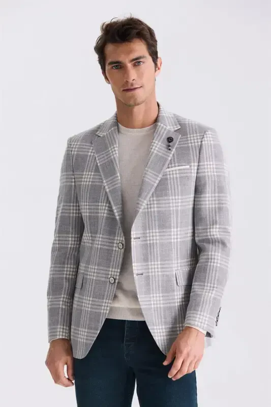 Grey Regular Fit Checked Lapel Single Jacket - JAKAMEN