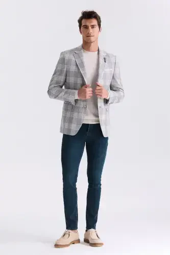 Grey Regular Fit Checked Lapel Single Jacket - JAKAMEN (1)