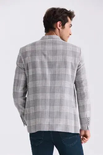 Grey Regular Fit Checked Lapel Single Jacket - 4