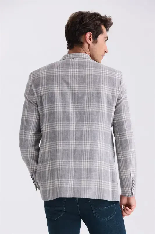Grey Regular Fit Checked Lapel Single Jacket - 4