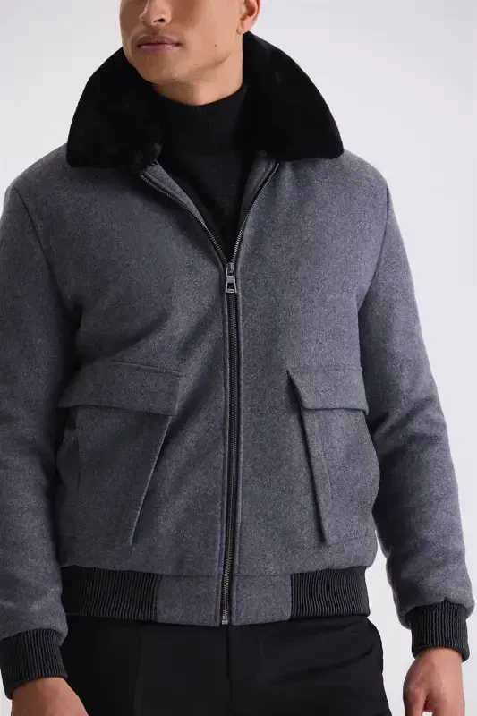 Grey Regular Fit Collared Furry Winter Puffer Coat - 3