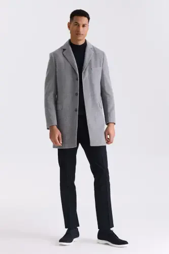 Grey Regular Fit Crew Neck Wool Cachecoat - JAKAMEN (1)