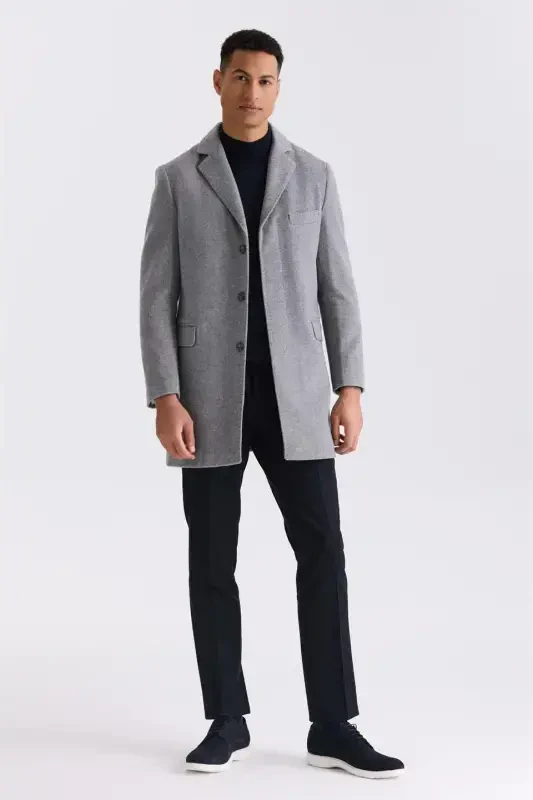 Grey Regular Fit Crew Neck Wool Cachecoat - 2