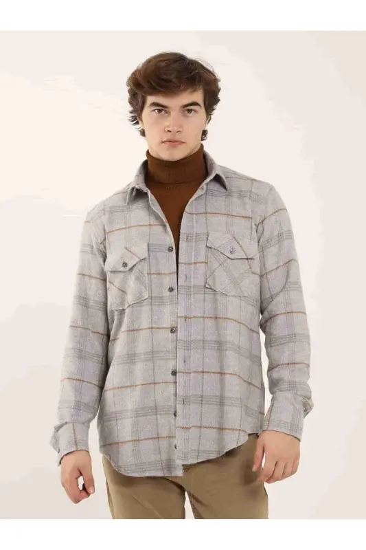 Grey Regular Fit Plaid Pattern Classic Collar Long Sleeve Lumberjack Shirt - DUFY