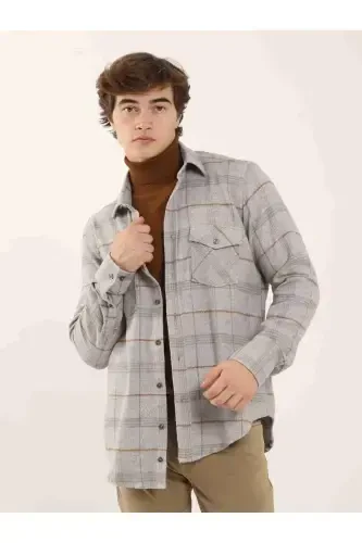Grey Regular Fit Plaid Pattern Classic Collar Long Sleeve Lumberjack Shirt - 4