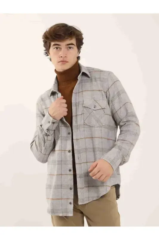 Grey Regular Fit Plaid Pattern Classic Collar Long Sleeve Lumberjack Shirt - 4