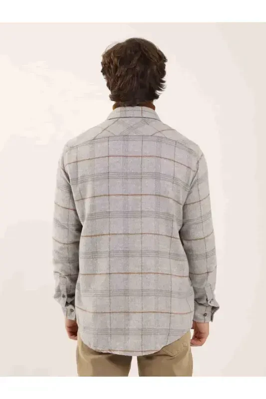 Grey Regular Fit Plaid Pattern Classic Collar Long Sleeve Lumberjack Shirt - 5