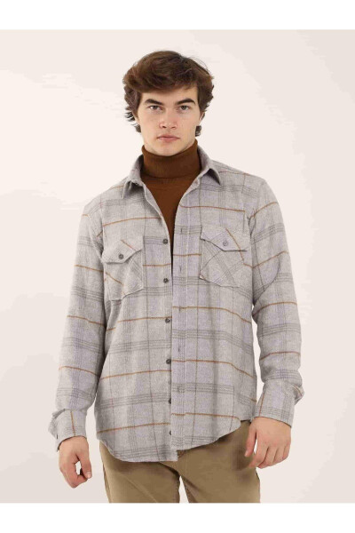 Grey Regular Fit Plaid Pattern Classic Collar Long Sleeve Lumberjack Shirt - 1