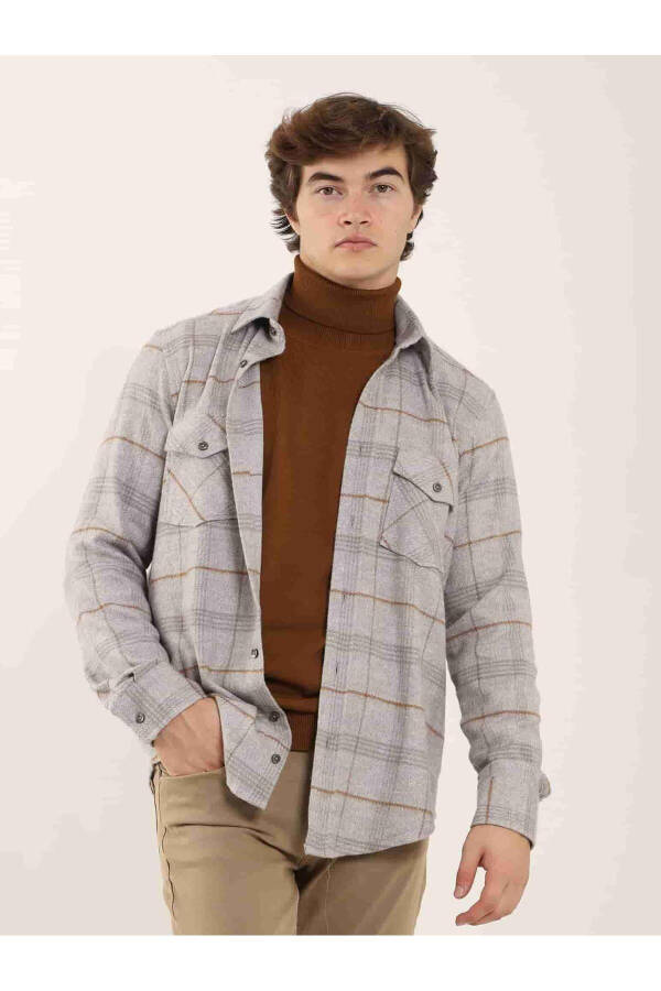 Grey Regular Fit Plaid Pattern Classic Collar Long Sleeve Lumberjack Shirt - 2