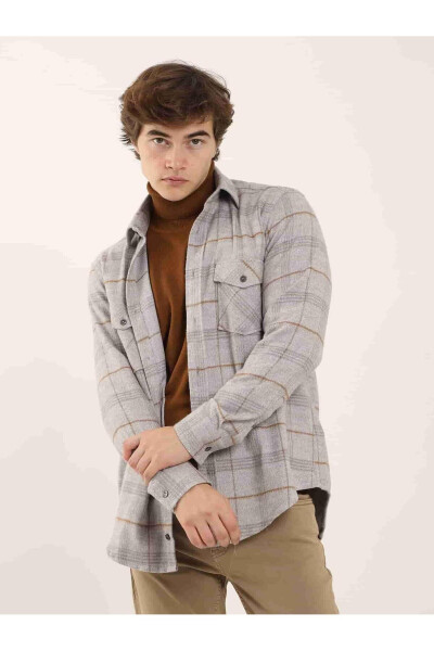 Grey Regular Fit Plaid Pattern Classic Collar Long Sleeve Lumberjack Shirt - 3