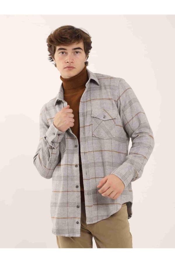 Grey Regular Fit Plaid Pattern Classic Collar Long Sleeve Lumberjack Shirt - 4