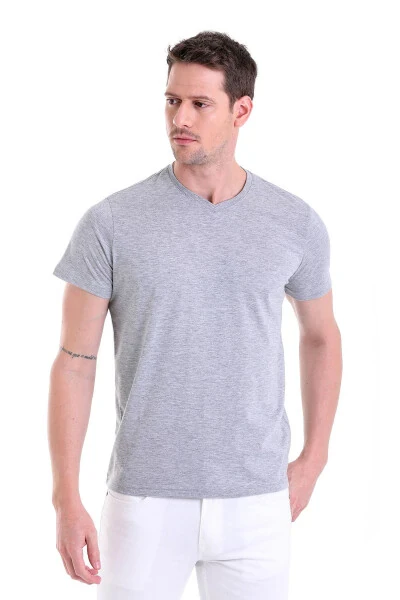 Grey Regular Fit Straight 100% Cotton V-Neck T-Shirt - 4