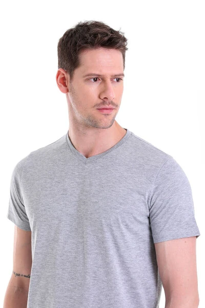 Grey Regular Fit Straight 100% Cotton V-Neck T-Shirt - 5