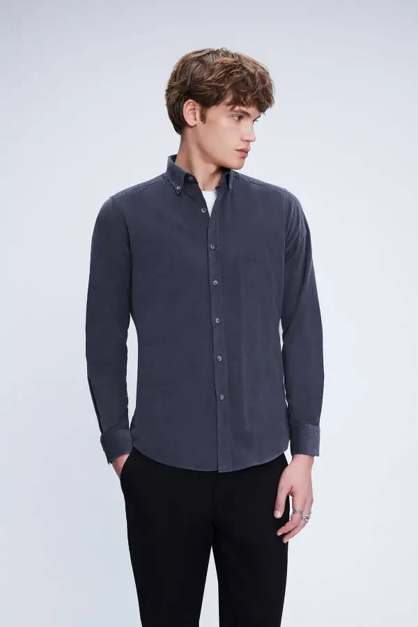 Grey Slim Fit 100% Cotton Button-Down Collar Long Sleeve - 1