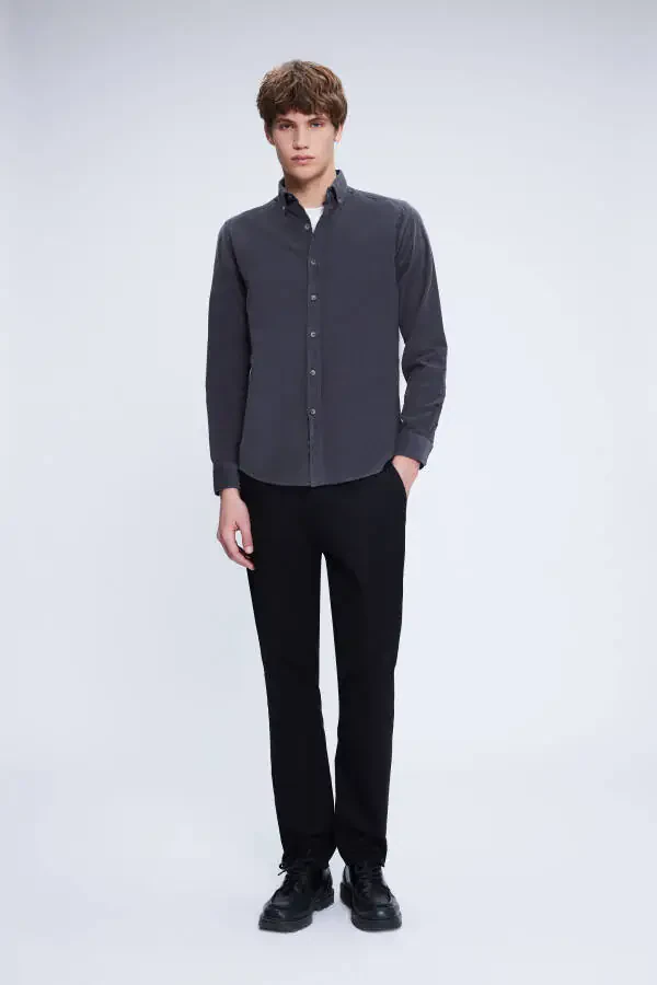 Grey Slim Fit 100% Cotton Button-Down Collar Long Sleeve - 2