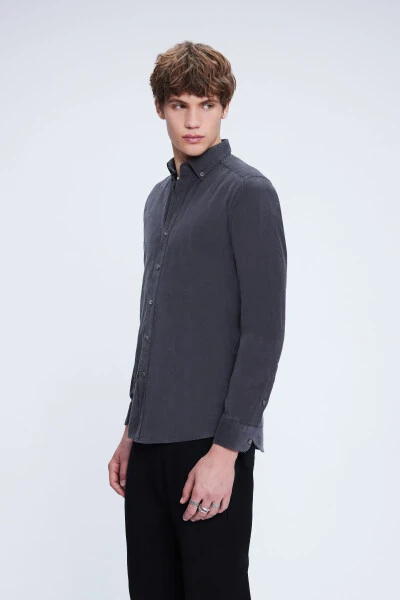 Grey Slim Fit 100% Cotton Button-Down Collar Long Sleeve - 3