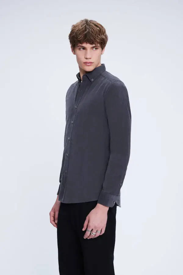 Grey Slim Fit 100% Cotton Button-Down Collar Long Sleeve - 3
