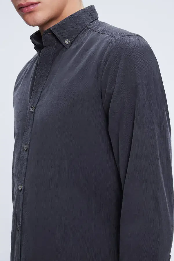 Grey Slim Fit 100% Cotton Button-Down Collar Long Sleeve - 4