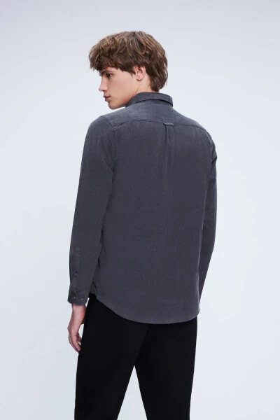 Grey Slim Fit 100% Cotton Button-Down Collar Long Sleeve - 5