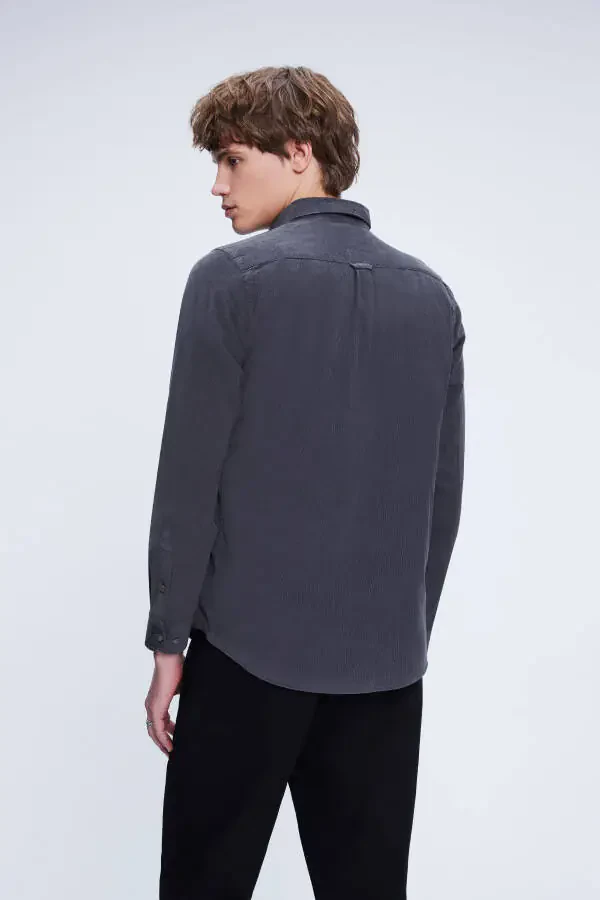 Grey Slim Fit 100% Cotton Button-Down Collar Long Sleeve - 5