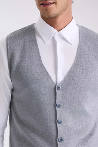Grey Slim Fit Buttoned Knitted Waistcoat - 3