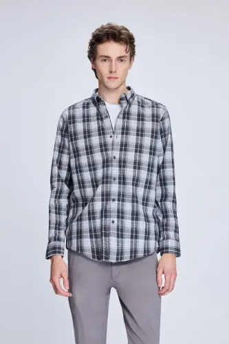 Grey Slim Fit Checked Button-Down Long-Sleeve Cotton 