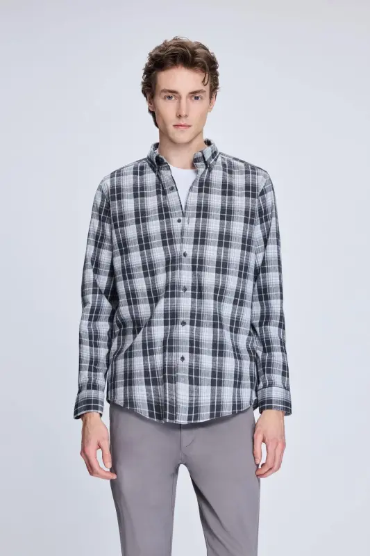 Grey Slim Fit Checked Button-Down Long-Sleeve Cotton - 1