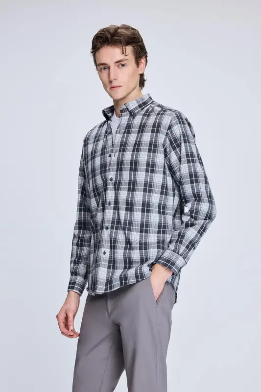 Grey Slim Fit Checked Button-Down Long-Sleeve Cotton - 3