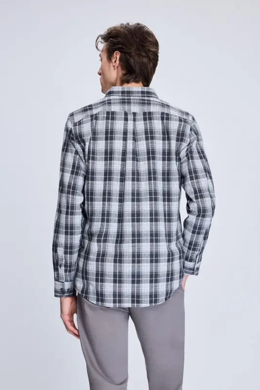 Grey Slim Fit Checked Button-Down Long-Sleeve Cotton - 5