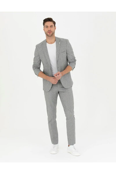 Grey Slim Fit Linen Blend Trousers - PIERRE CARDIN