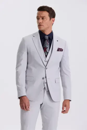 Grey Slim Fit Mono Collar Double-Slit Vest Suit - JAKAMEN (1)