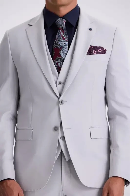 Grey Slim Fit Mono Collar Double-Slit Vest Suit - 3