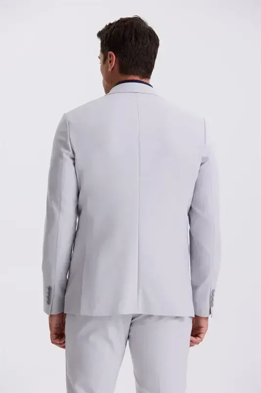 Grey Slim Fit Mono Collar Double-Slit Vest Suit - 4