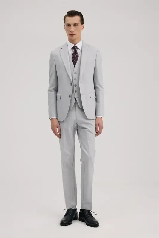 Grey Slim Fit Mono Collar Double-Slit Vest Suit - 1