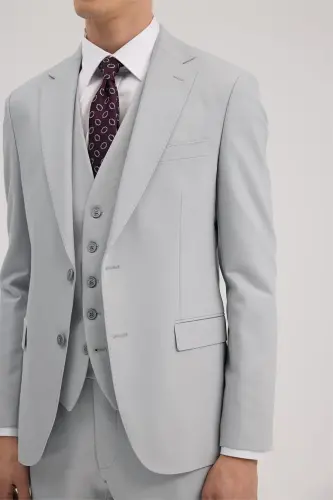 Grey Slim Fit Mono Collar Double-Slit Vest Suit - 3