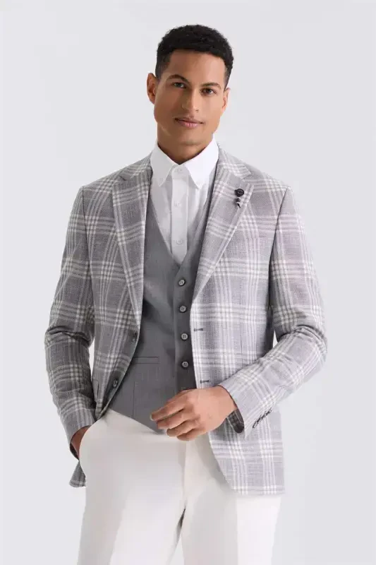 Grey Slim Fit Mono Collar Plaid Vest Suit - JAKAMEN