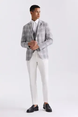 Grey Slim Fit Mono Collar Plaid Vest Suit - JAKAMEN (1)