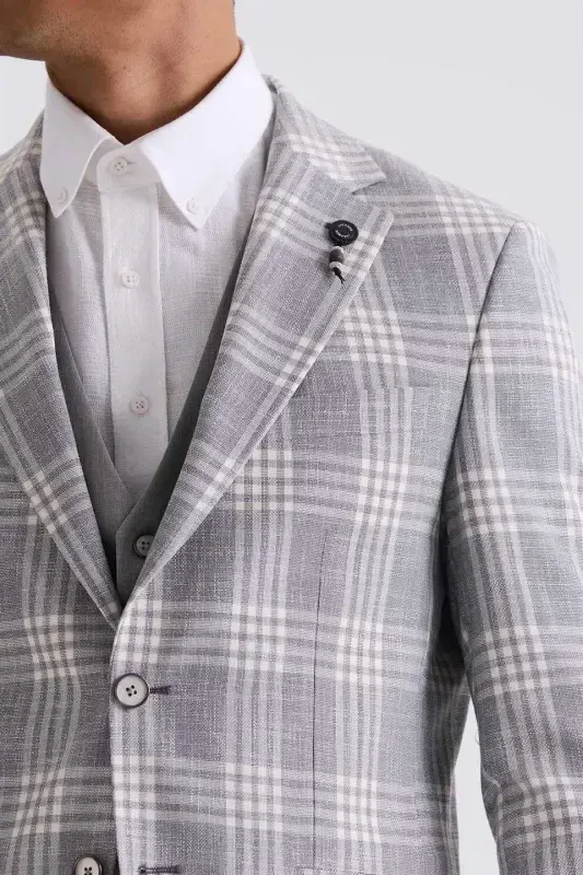 Grey Slim Fit Mono Collar Plaid Vest Suit - 3